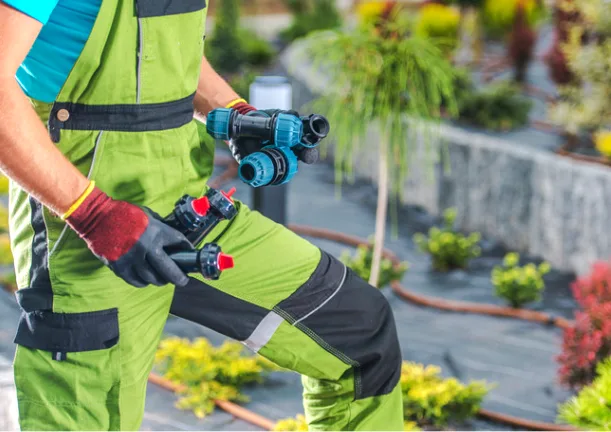jardinero con aspersores para riego